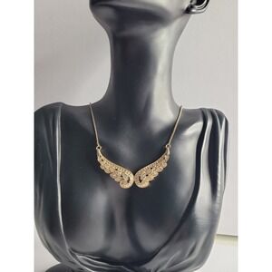 Gold Tone Angel Wing Necklace Rhinestone Dainty Pendant Necklace